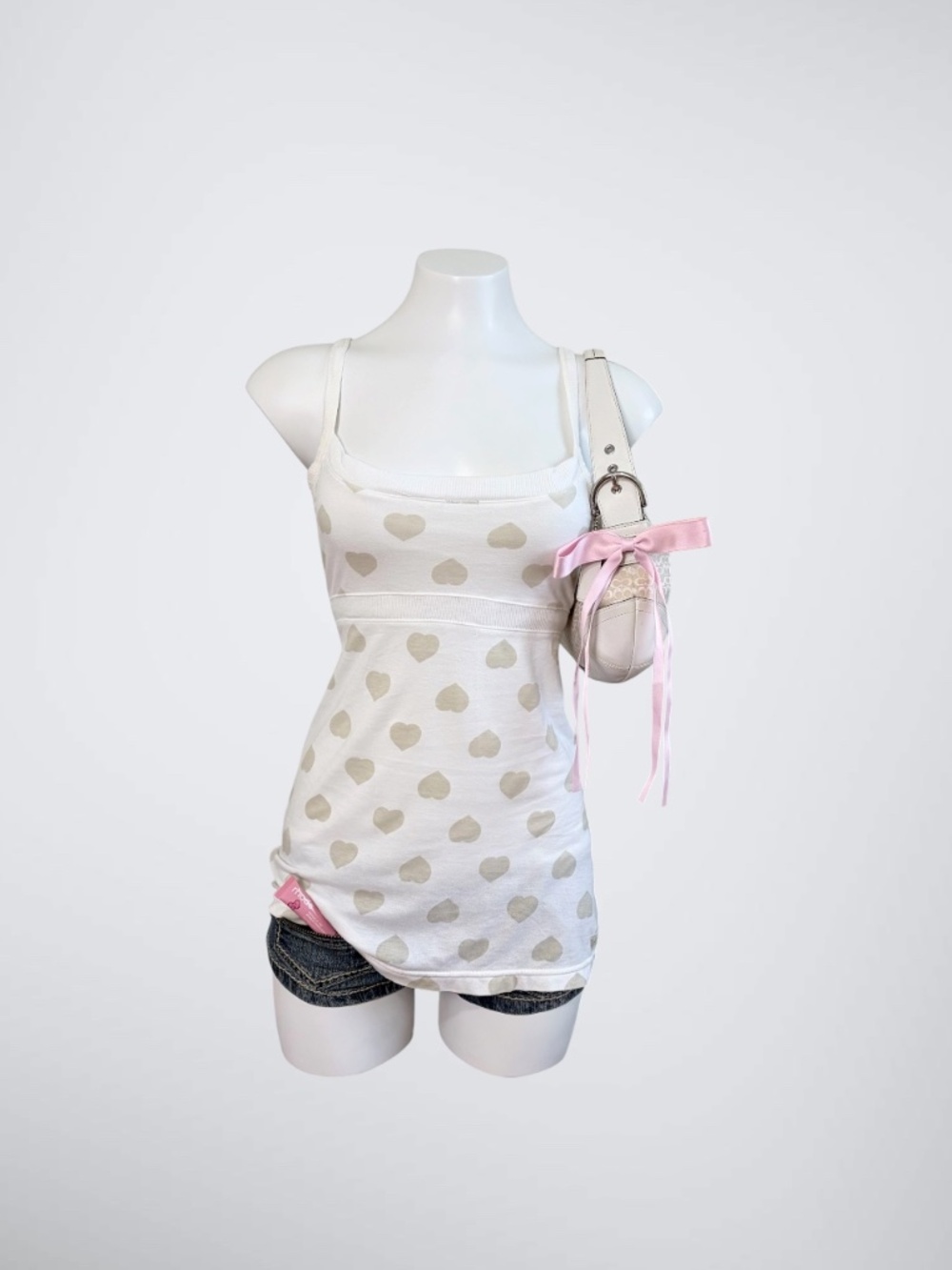 VTG Y2K American Eagle Outfitters White & Tan Heart Print Babydoll Cami Top